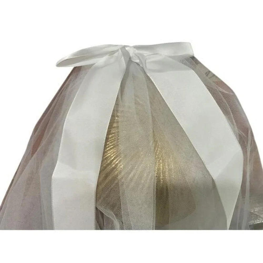 White Tulle Two Tier Bridal Veil with Satin Ribbon Bow and Edge Trim 22in